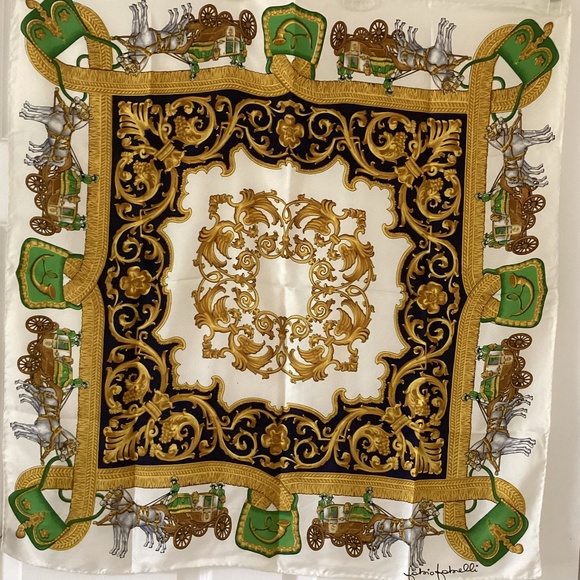 Fabio Fabelli Horse And Carriage Golden Scrolls 100%Silk Twill Scarf Hand Rolled - Picture 5 of 11